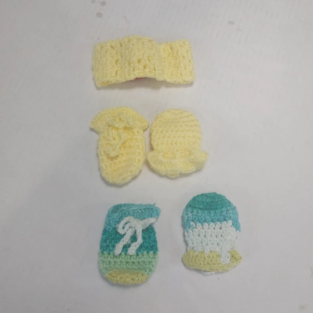 Baby Girl Mitten and Headband. Yellow Red and Blue